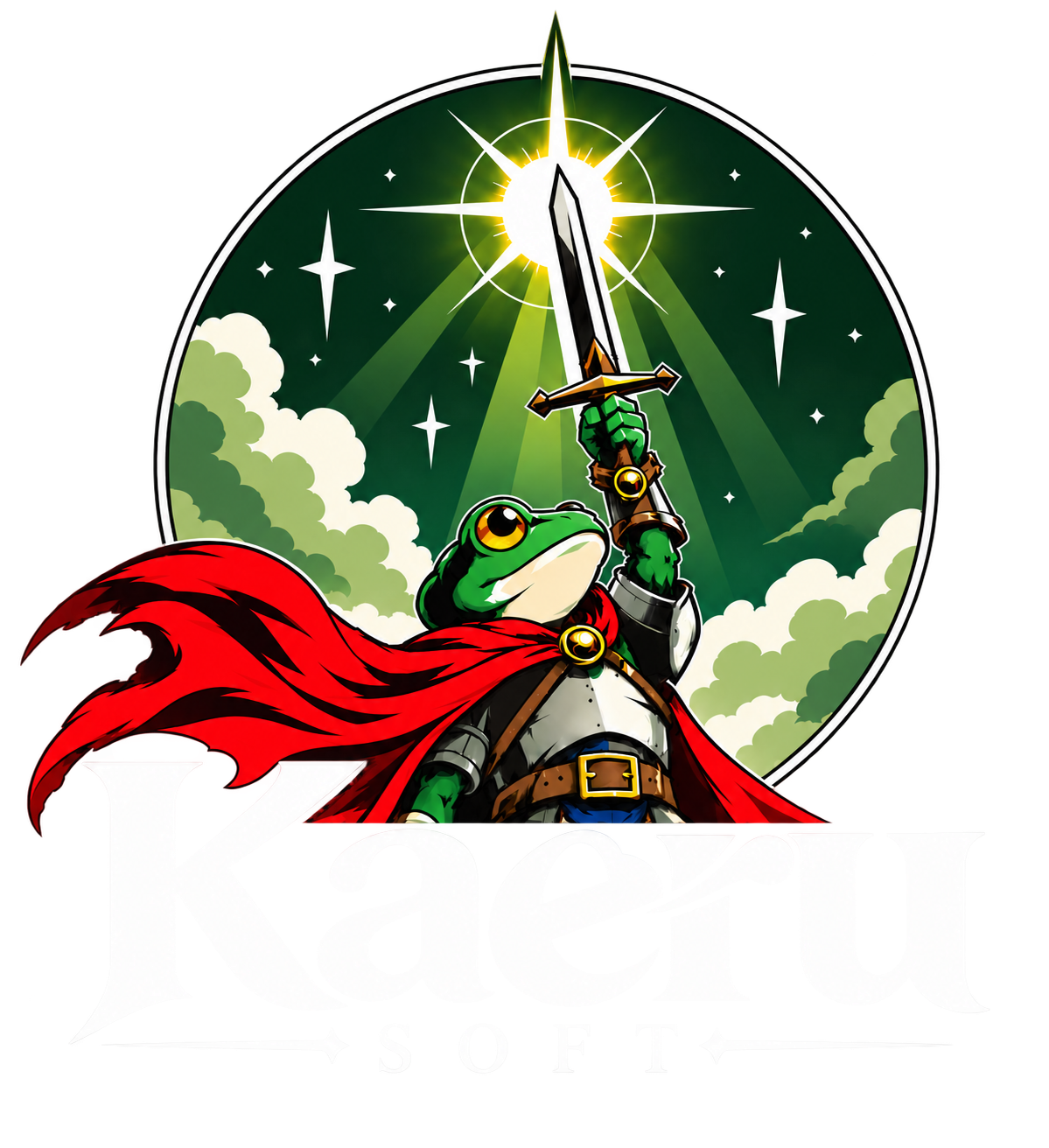 Logotipo da Kaeru Soft: um sapo guerreiro de capa vermelha erguendo uma espada luminosa sob um céu estrelado